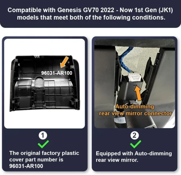 Used 2K Dual Dash Cam for 2022-2025 Genesis GV70 2.5T Standard 3.5T Sport (Has Auto-Dimming), OEM Look, Front 1440P+Rear 1080P V - Image 2