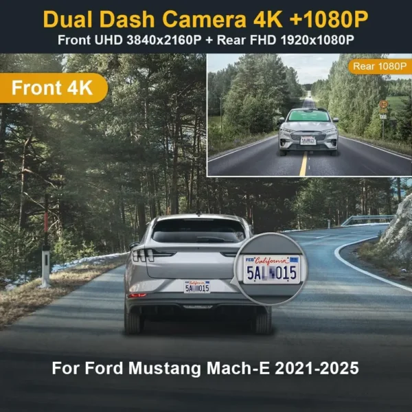 Used Front 4K+Rear 1080P Dash Cam Adapts for Ford Mustang Mach-E 2021-2025 GT Select Premium, OEM Style, Dual Loop Recording, Bu - Image 2