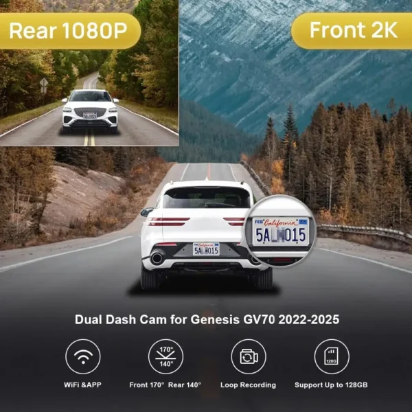 Used 2K Dual Dash Cam for 2022-2025 Genesis GV70 2.5T Standard 3.5T Sport (Has Auto-Dimming), OEM Look, Front 1440P+Rear 1080P V - Image 3